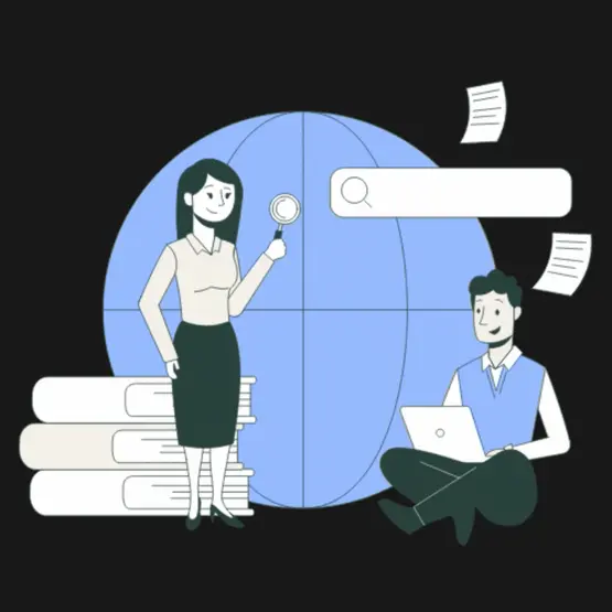 Two people researching opportunities